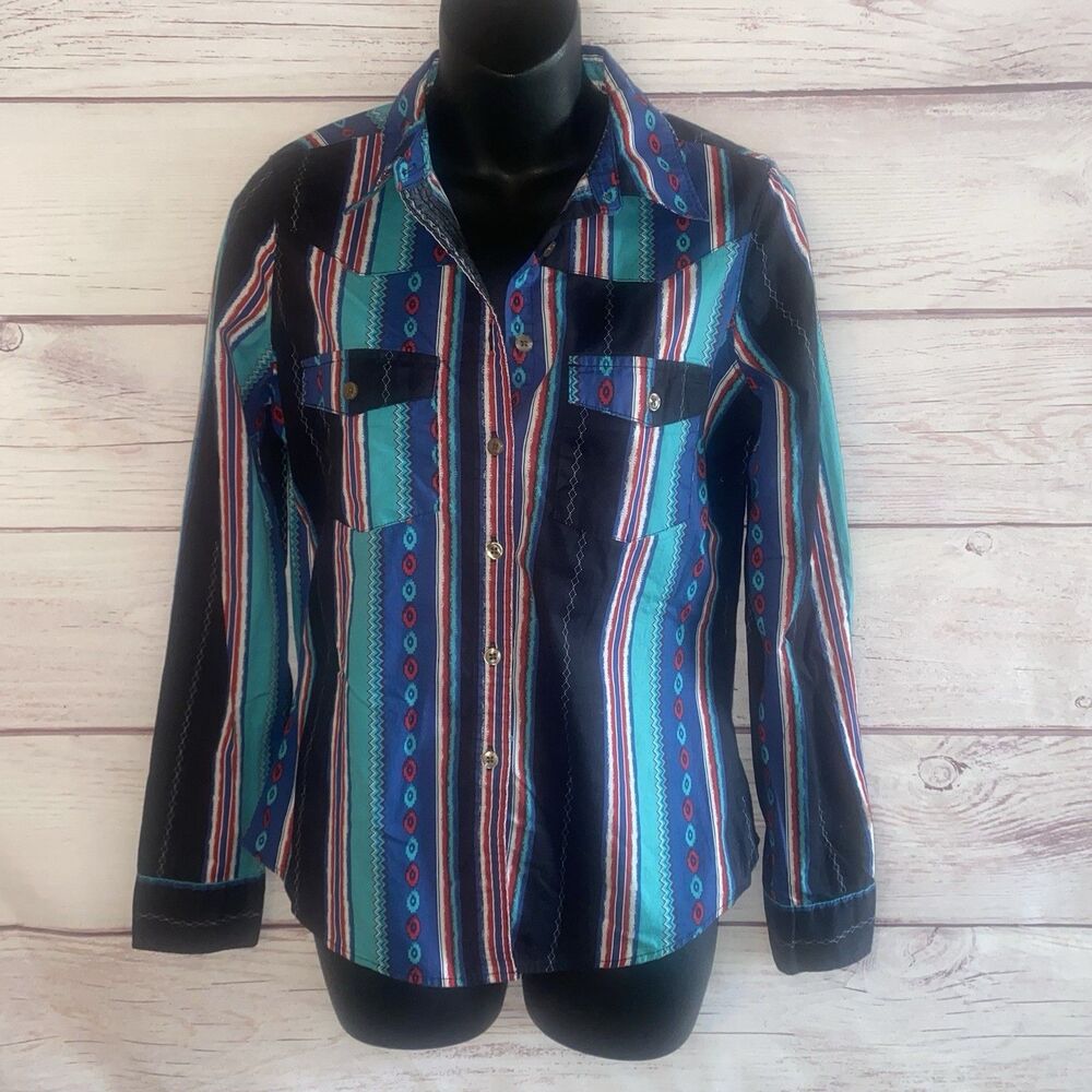Rank 45 Womens XS Western Shirt Serape Aztec Turquoise Button Front  Cowgirl A15